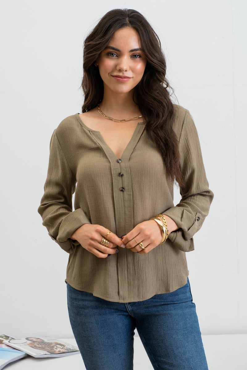 Split-Neck Long-Sleeve Button-Front Blouse for Women