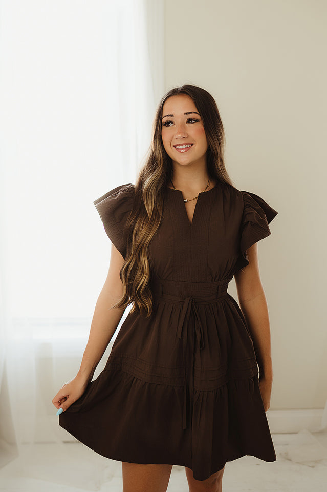 Mocha Flutter Sleeve Dress M