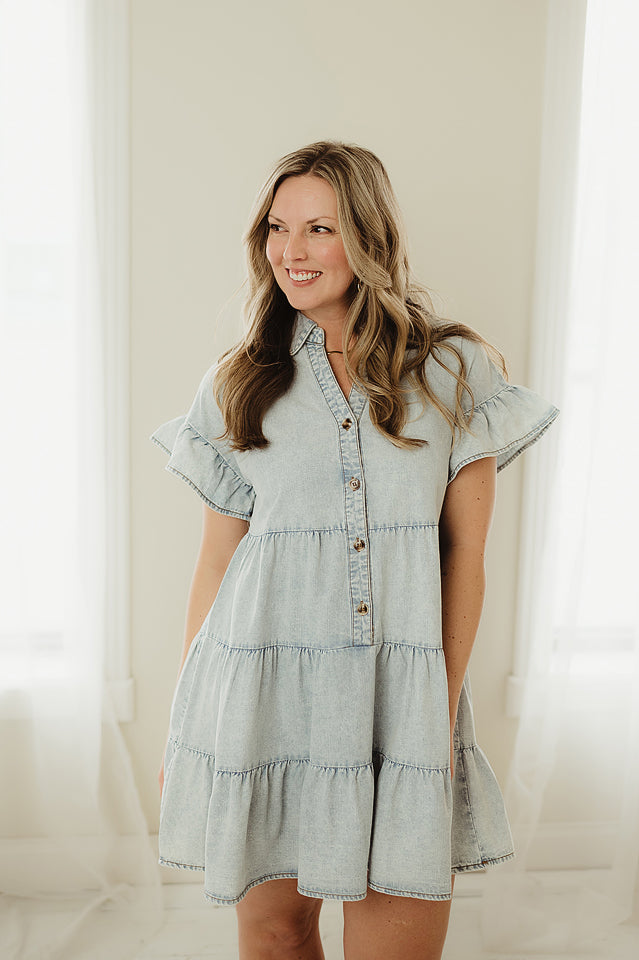 Chambray Ruffle Shirt Dress