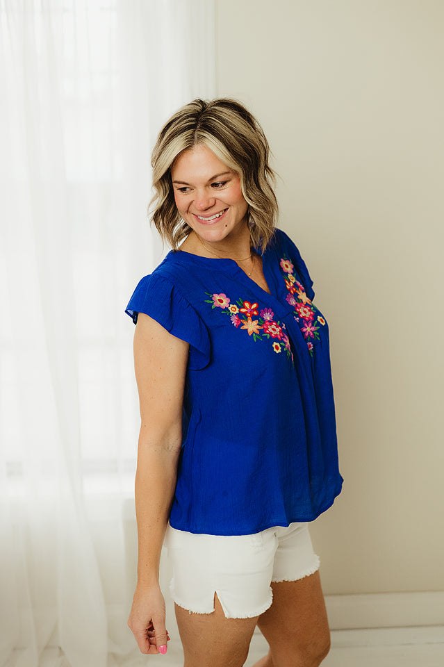 Floral Embroidery Split Blouse