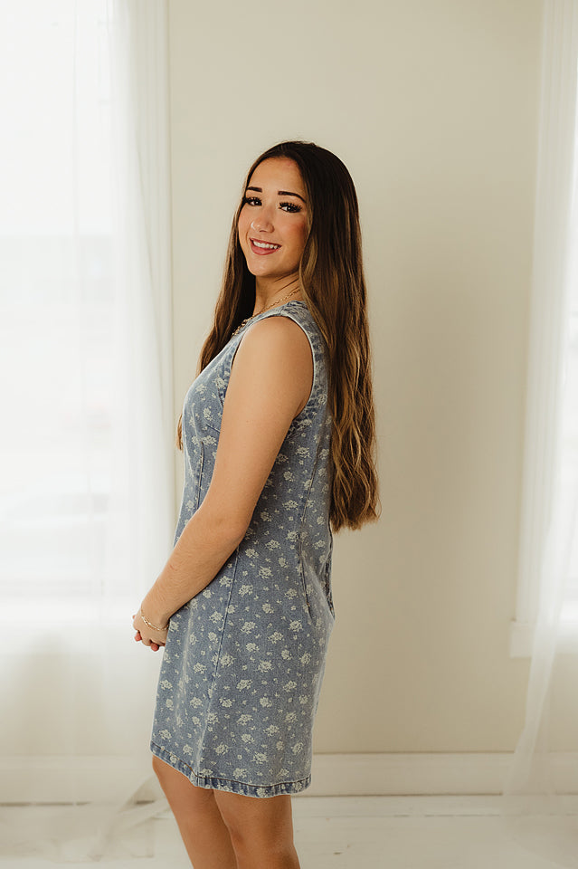 Floral Washed Denim Dress Denim / L