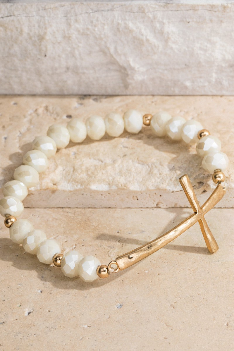 White Bead Cross Bracelet