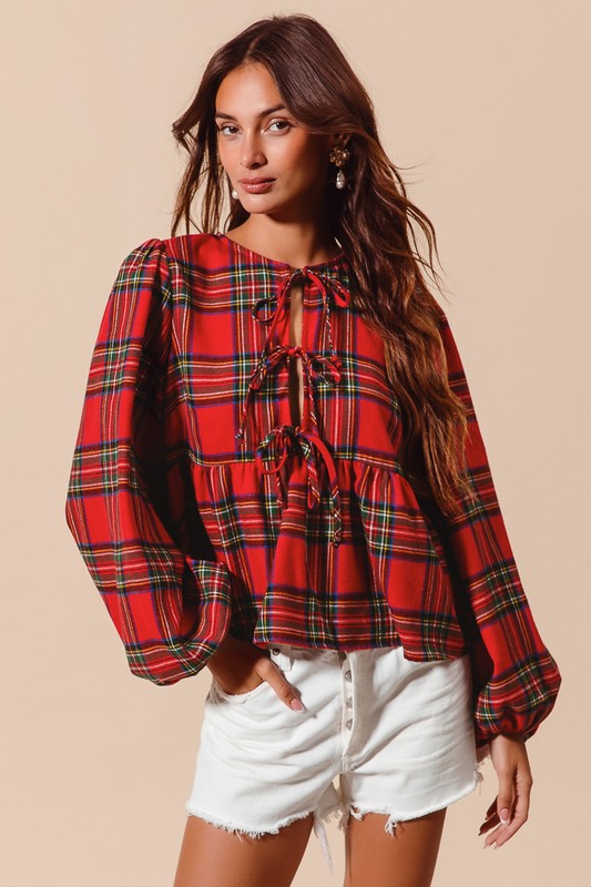 Front Tie Checkered Blouse