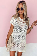 Beige Boho Crochet Beach Cover Up Dress