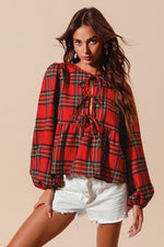 Front Tie Checkered Blouse