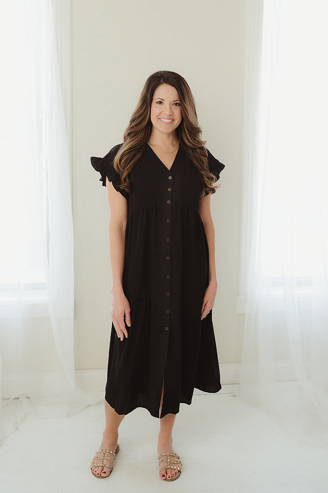 Long Button Ruffle Trim Dress