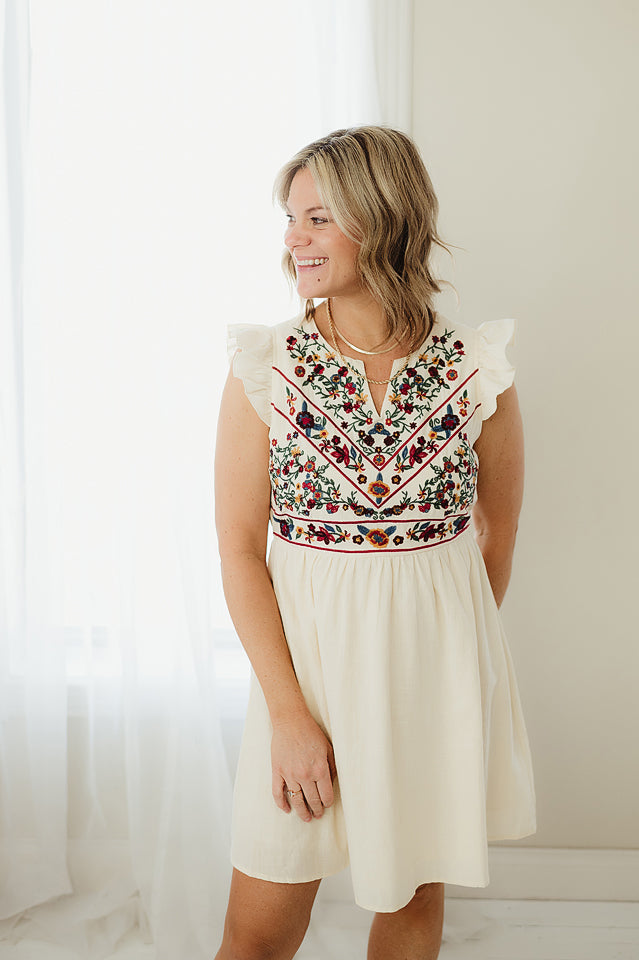 Embroidered Flutter Dress