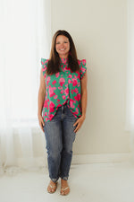 Floral Jade Shirred Top