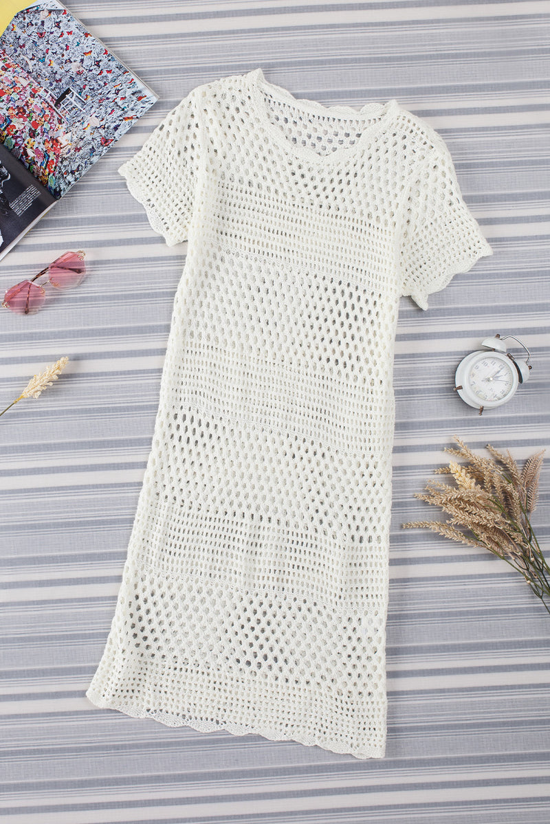 Beige Boho Crochet Beach Cover Up Dress