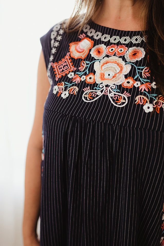 Striped Embroidered Mini Dress