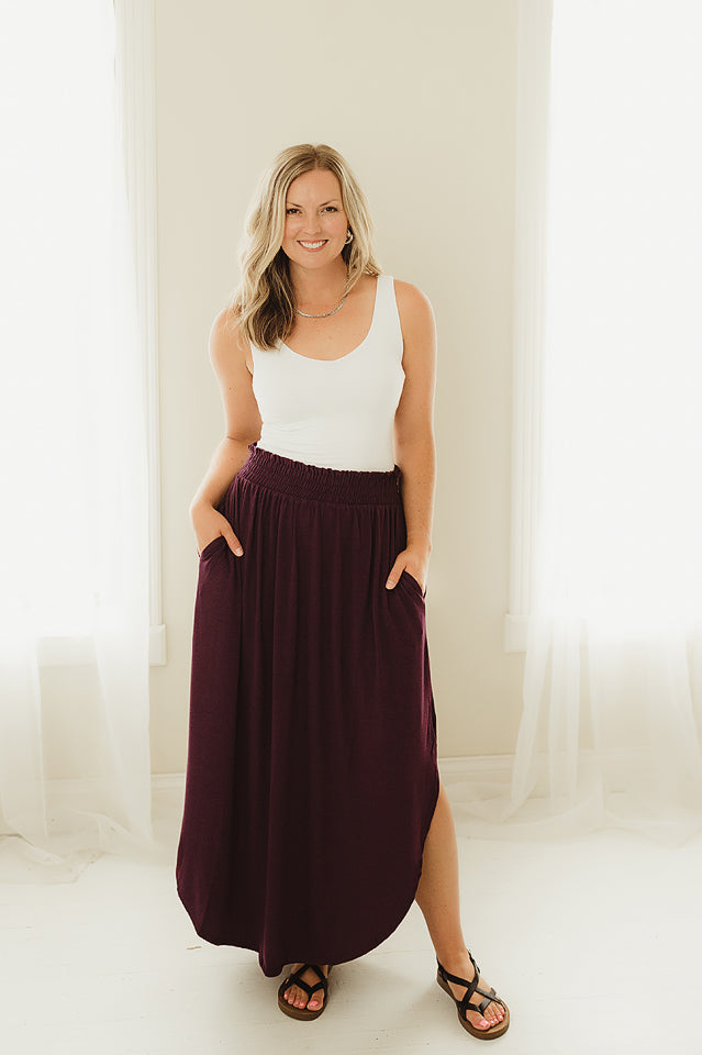 Smocked Waist Side Slit Maxi Skirt