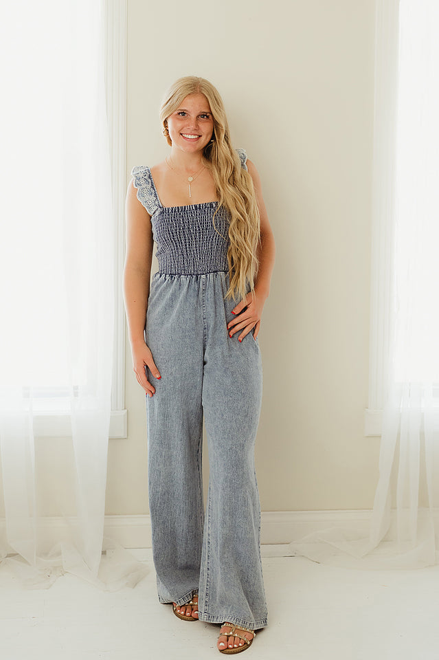 Scallop Washed Denim Overalls