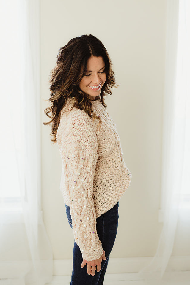 Pearl Beaded Cable Knit Sweater