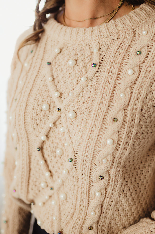 Pearl Beaded Cable Knit Sweater
