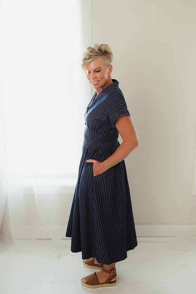 Pinstripe Smocked Waist Midi Dress M