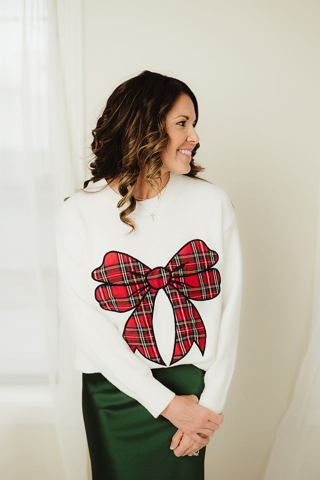 Christmas Plaid Bow Knit Top