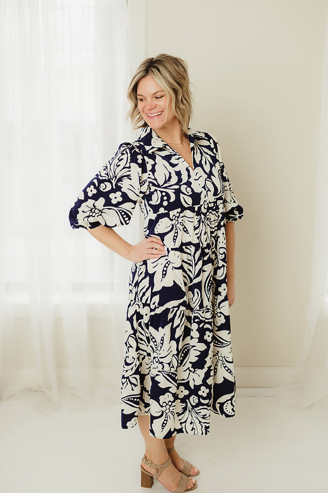 Two Tone Floral Print Dress S / Black
