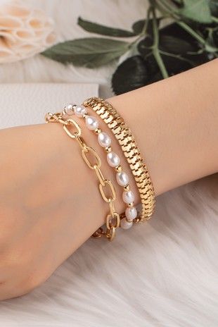 Pearl & Mixed Chain Bracelet Set