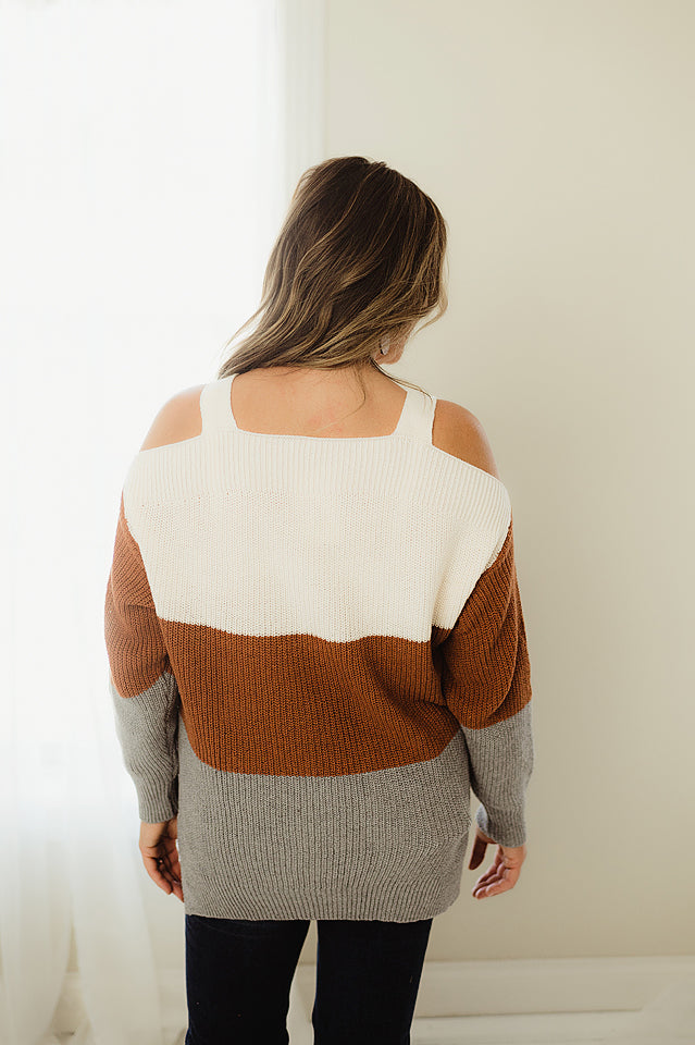 Colorblock Cold Shoulder Sweater